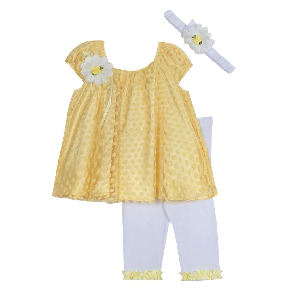 Rare Editions Baby Girls Dot Mesh Top, Legging, Headband,‎ 3 Pc Set - Yellow 24M